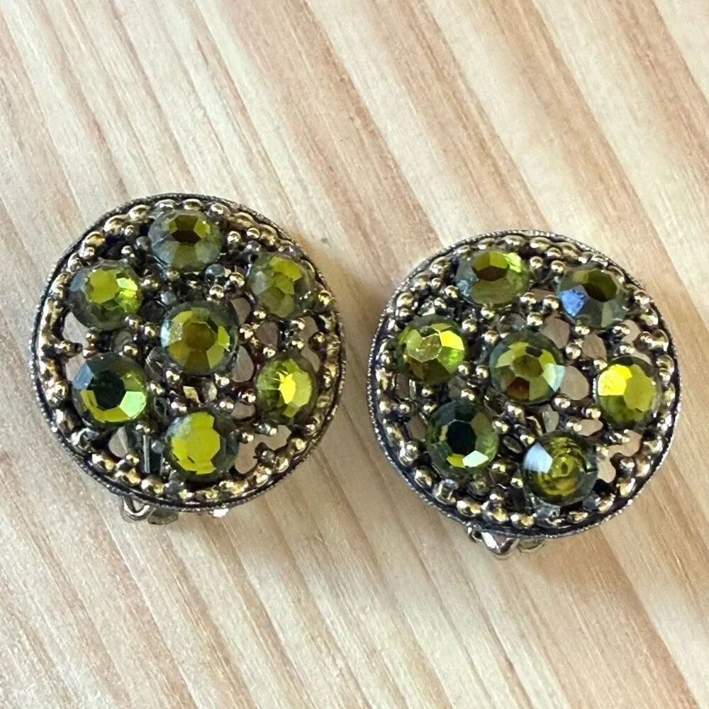 Weiss Vintage Green Rhinestone Clip Earrings